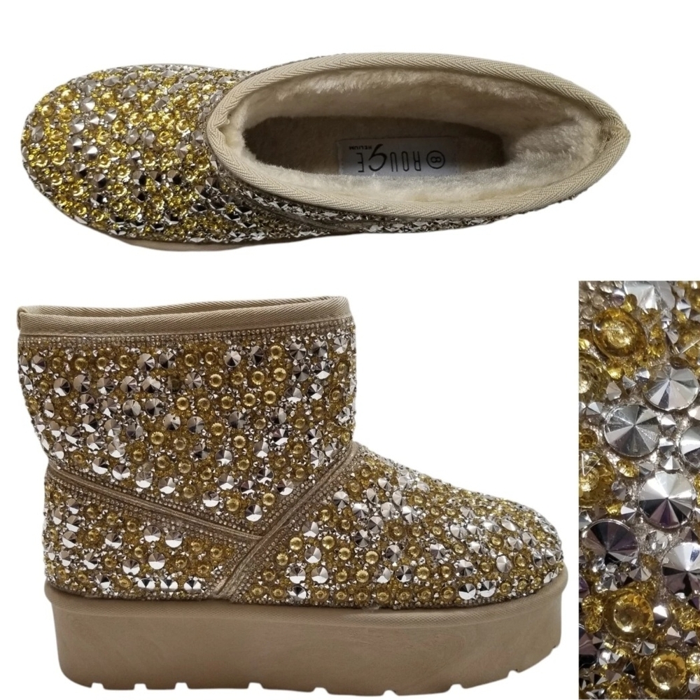 ROUGE Faux Fur Studded Rhinestone Platform Ankle Boots Size 8 Gold Silver NEW